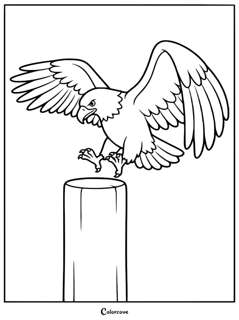A Bald Eagle landing on a wooden post in this free printable coloring page.