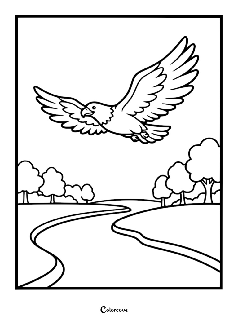 Bald Eagle soaring over a winding river in a forest landscape coloring page