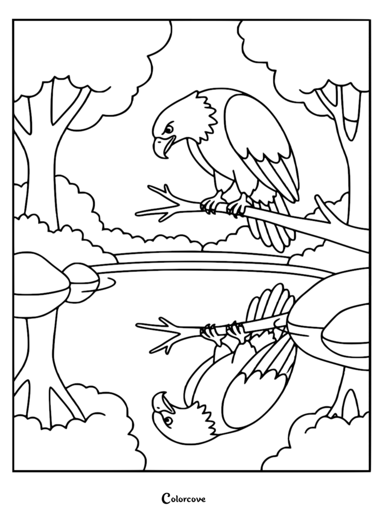 A bald eagle perched on a tree branch above a lake with its reflection visible in the water in this printable coloring page.