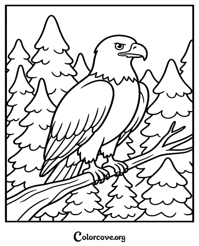 Bald Eagle perched on a tree branch in a forest, printable coloring page.