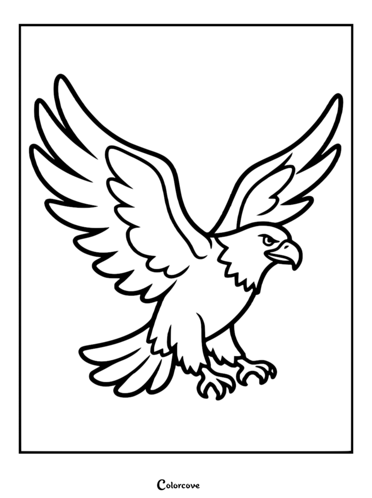 Bald Eagle coloring page featuring a majestic bird with wings spread wide in flight