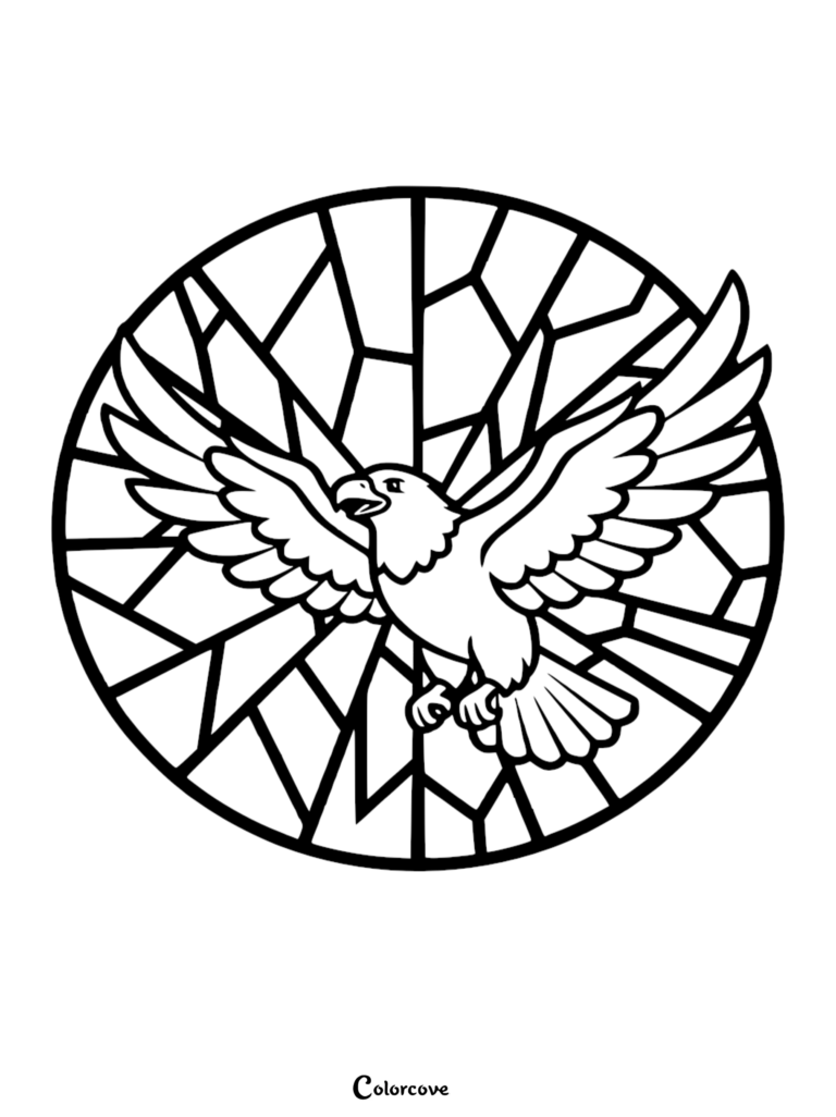 Bald Eagle coloring page featuring a majestic eagle with wings spread wide inside a circular stained glass pattern.