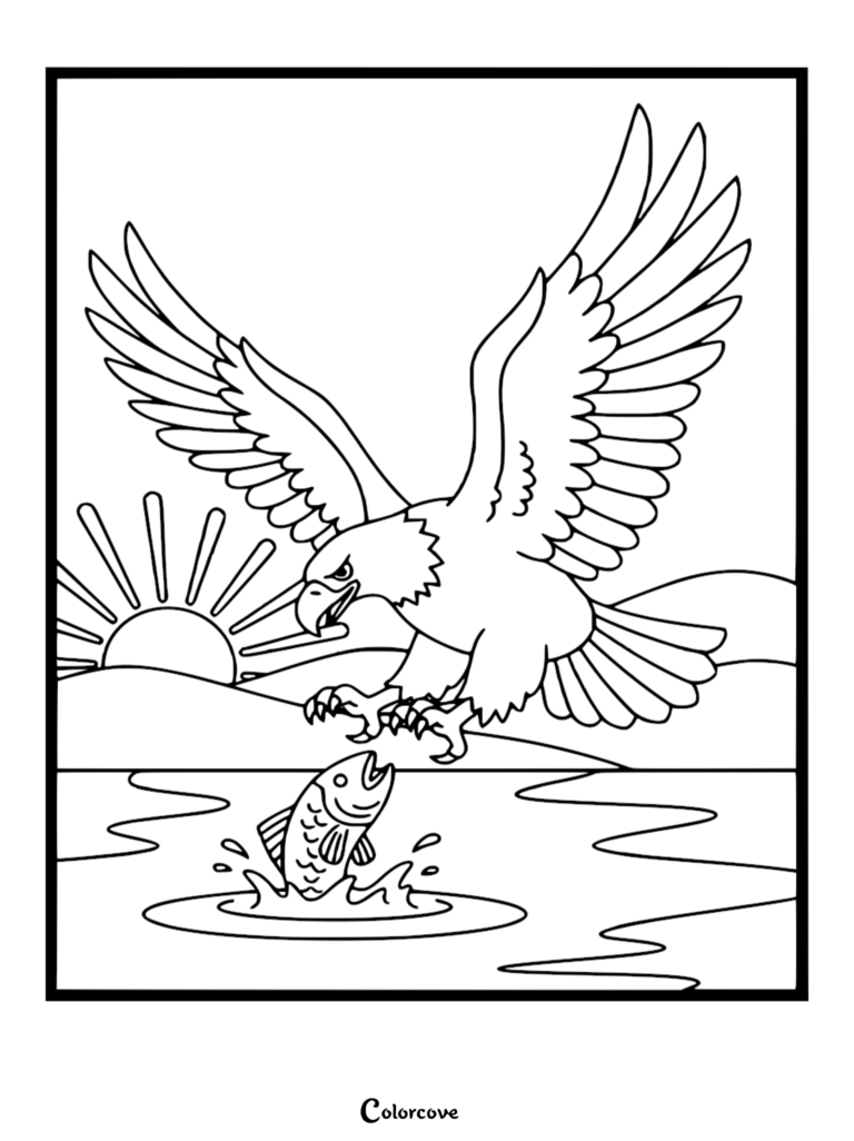 A printable Bald Eagle coloring page showing a majestic eagle swooping down to catch a jumping fish in a lake at sunrise.