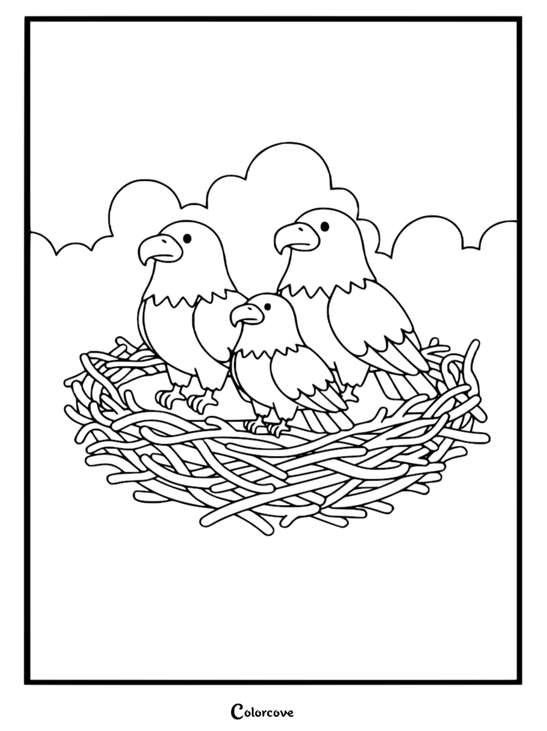 Three cute bald eagles sitting together in a twig nest, printable coloring page for kids.