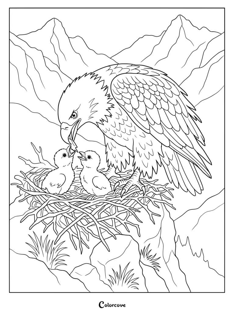 Bald Eagle coloring page showing a mother feeding her hungry chicks in a nest on a cliffside.