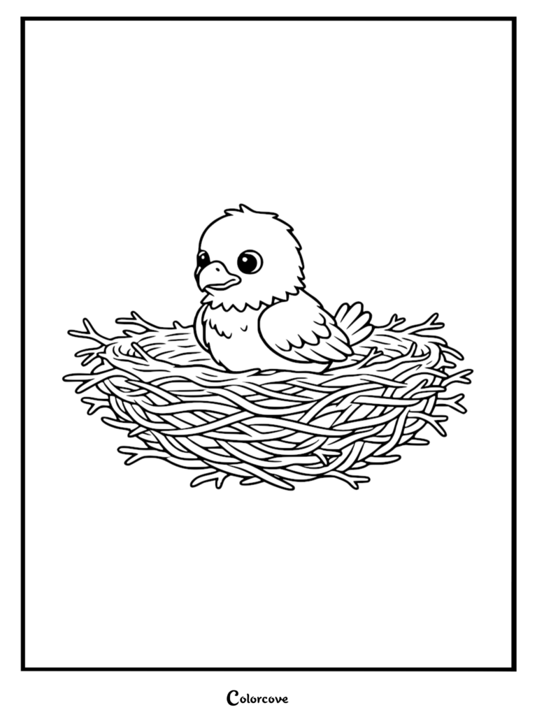 A cute baby bald eagle sitting inside a twig nest in this free printable coloring page.