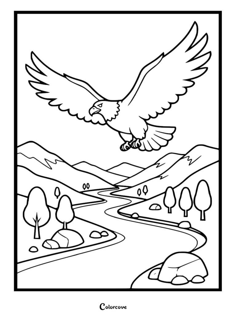 A bald eagle soaring over a winding river and mountain landscape in this free printable coloring page.