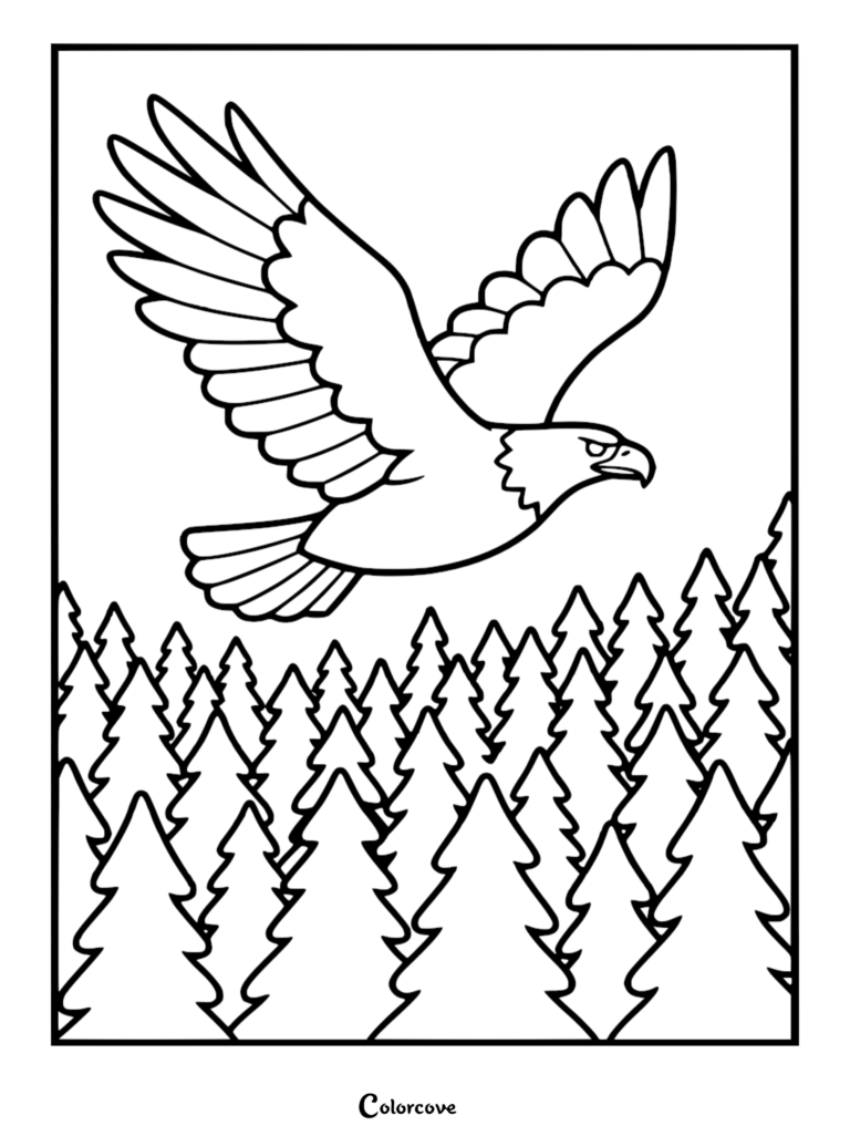 Bald Eagle coloring page featuring a majestic bird soaring over a dense pine forest, printable line art.