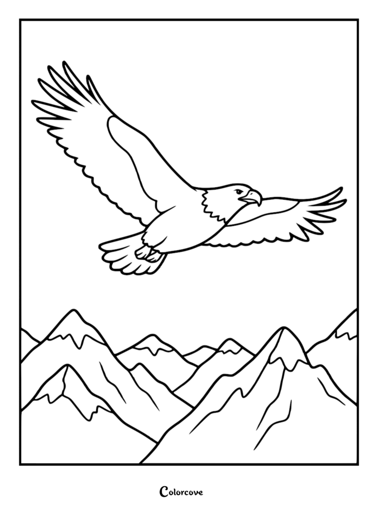 A majestic bald eagle soaring over snow-capped mountain peaks in this free printable coloring page.
