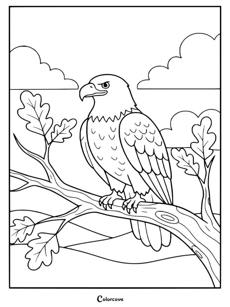 Bald Eagle perched on a tree branch in this free printable coloring page
