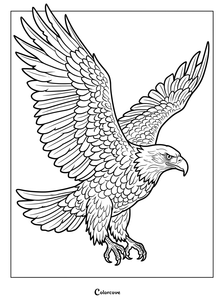 Bald Eagle coloring page featuring a majestic bird with widespread wings soaring through the air.