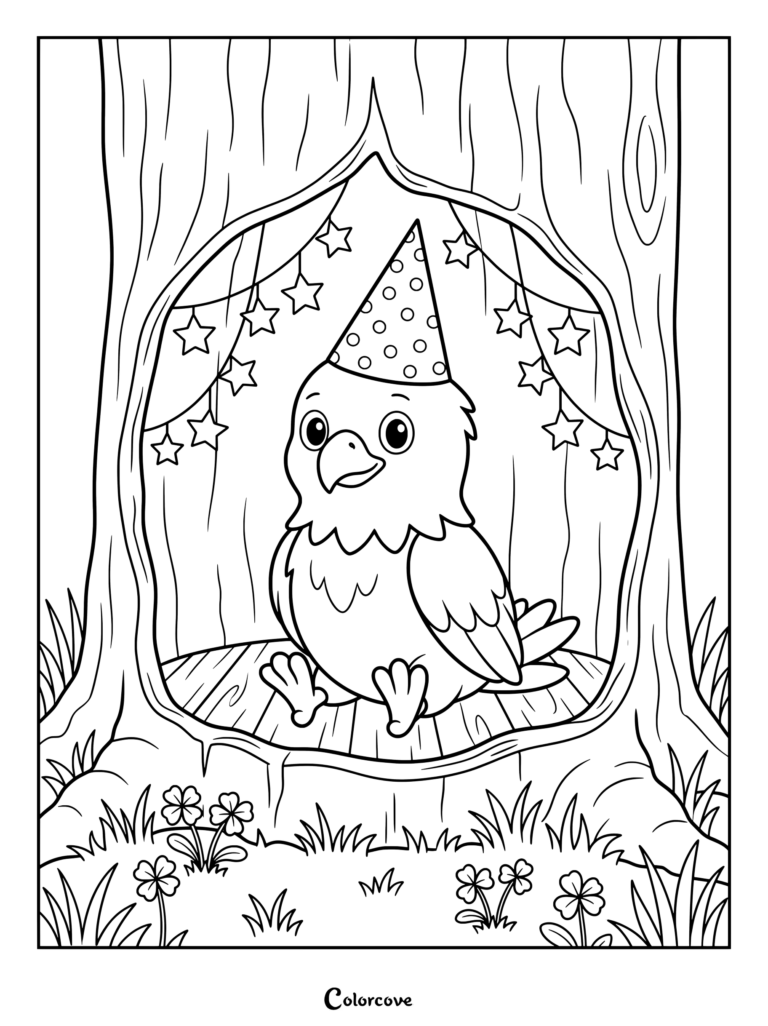 Bald Eagle wearing a polka dot party hat inside a tree hollow coloring page