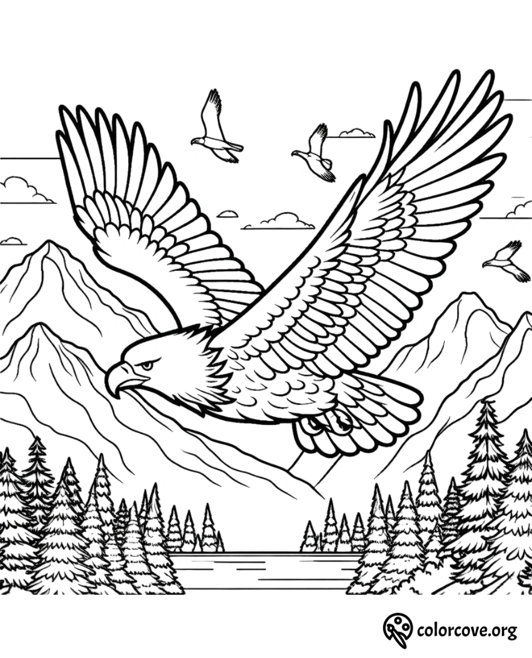 a drawing of a bird flying over a mountain range