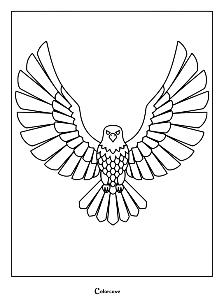 Bald Eagle coloring page featuring a majestic bird with fully spread wings and detailed feathers.