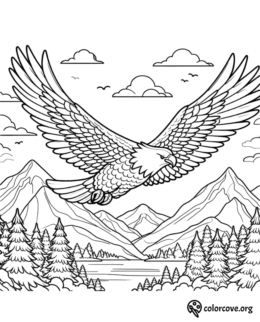 a drawing of a bird flying over a mountain range