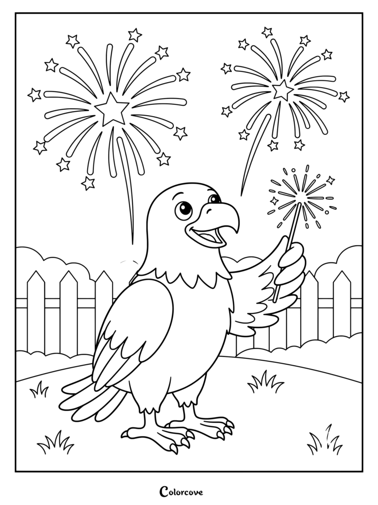 A friendly bald eagle holding a sparkler with fireworks in the background coloring page