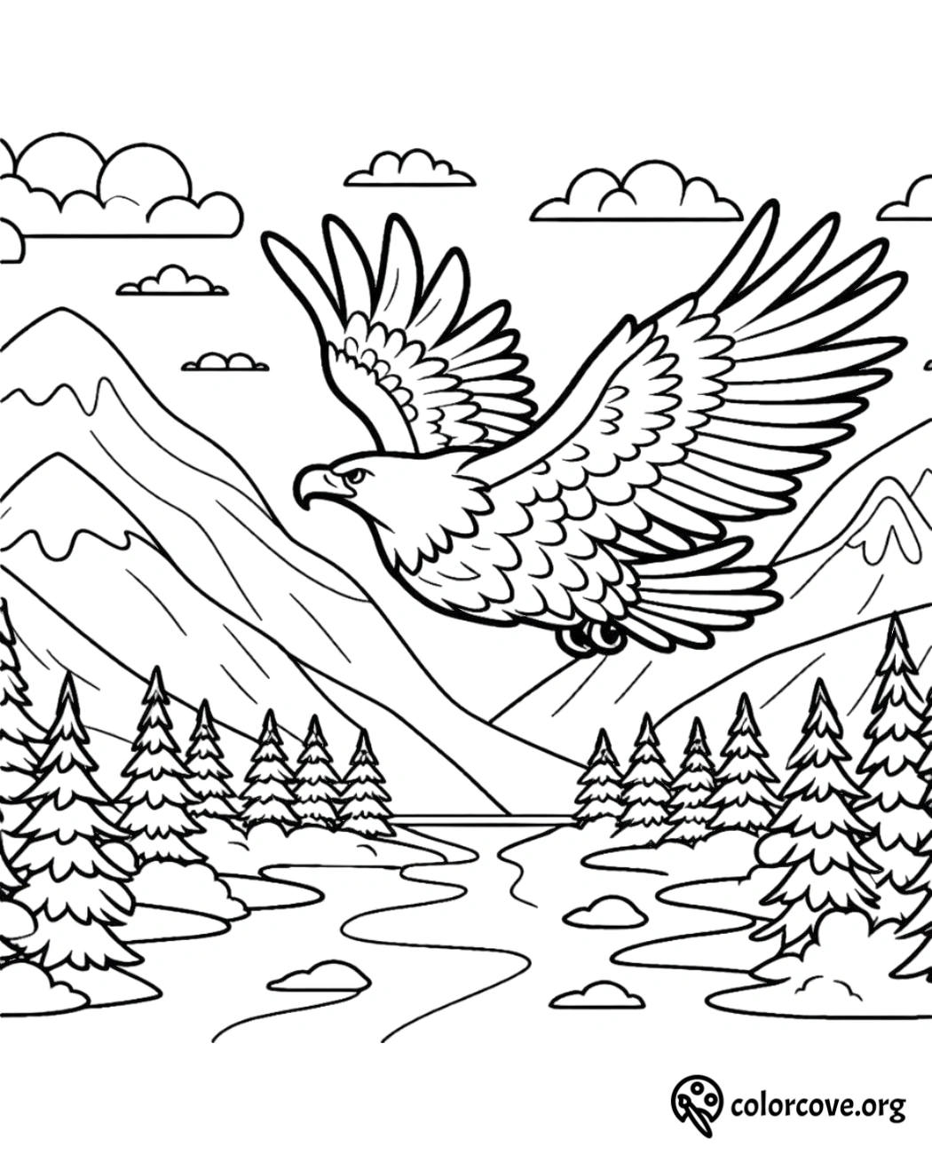 a coloring page of a bird flying over a river