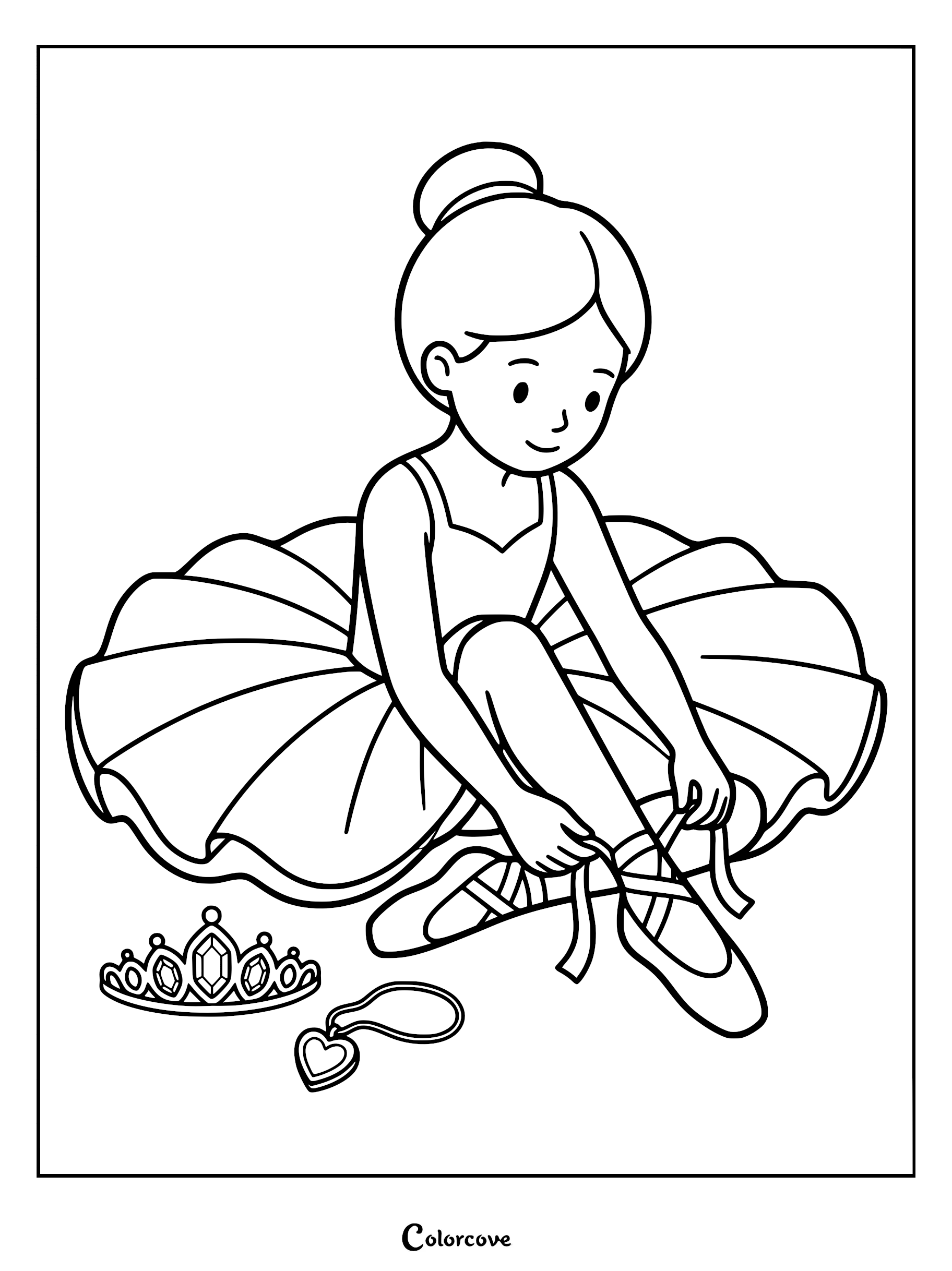 A young ballerina with a hair bun sitting on the floor tying her ribbons, with a tiara and heart necklace nearby, coloring page.