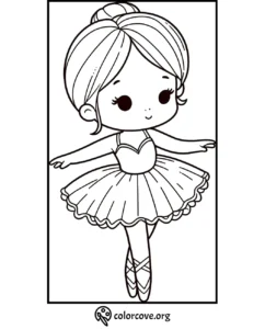 Cute ballerina girl coloring page with tutu and ballet shoes for kids to color. Free printable from colorcove.org.