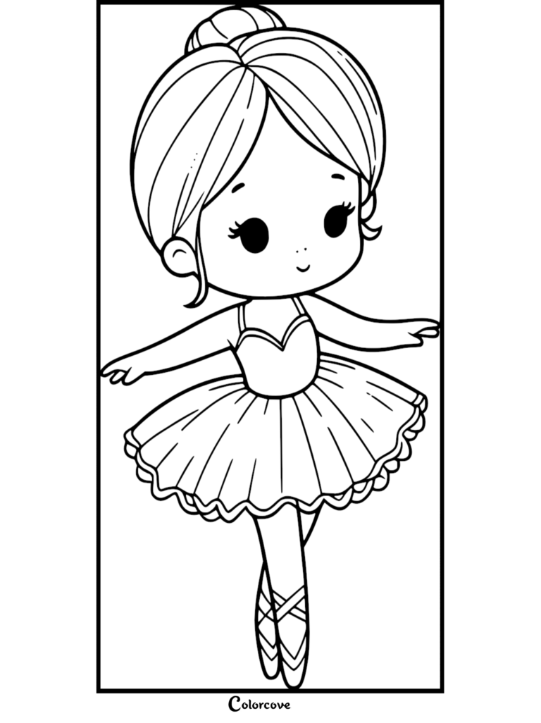 Cute ballerina with a bun hairstyle wearing a tutu and ballet slippers in this printable coloring page
