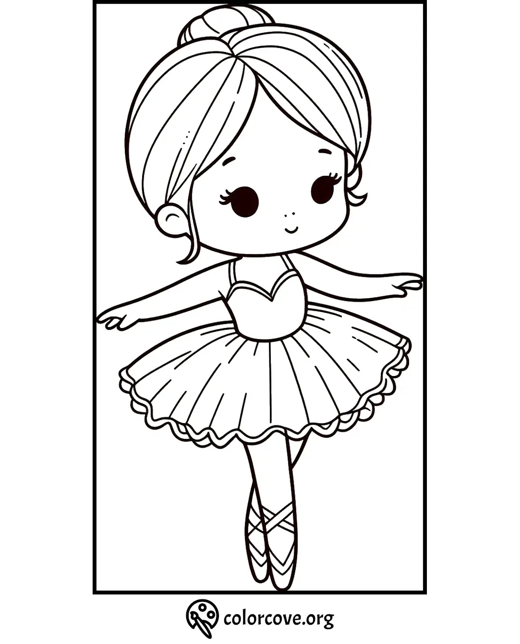 Cute ballerina girl coloring page with tutu and ballet shoes for kids to color. Free printable from colorcove.org.