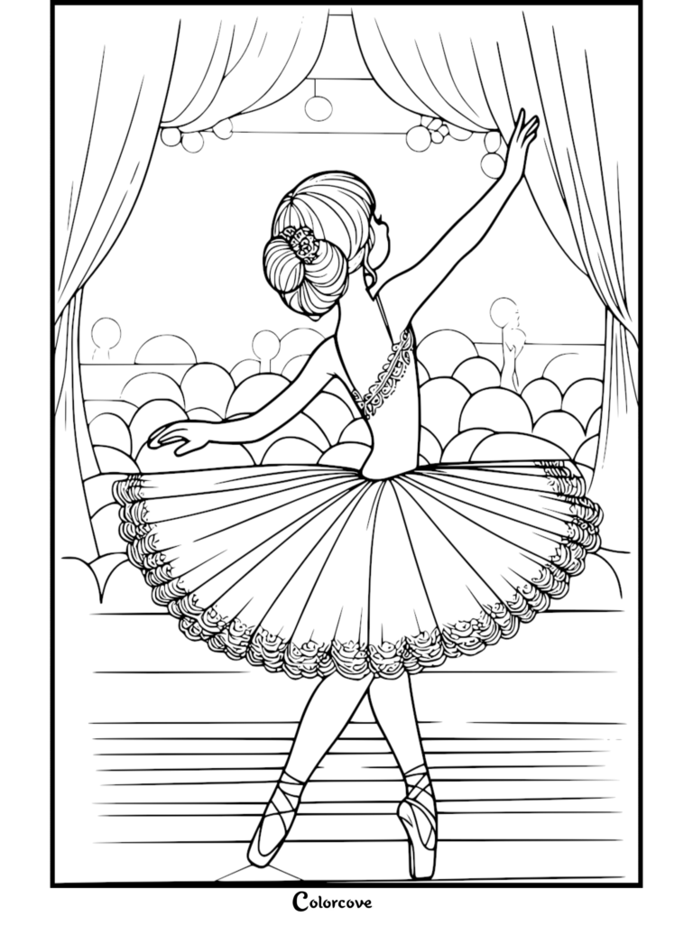 A cute ballerina in a detailed tutu performing on stage in this free printable coloring page.