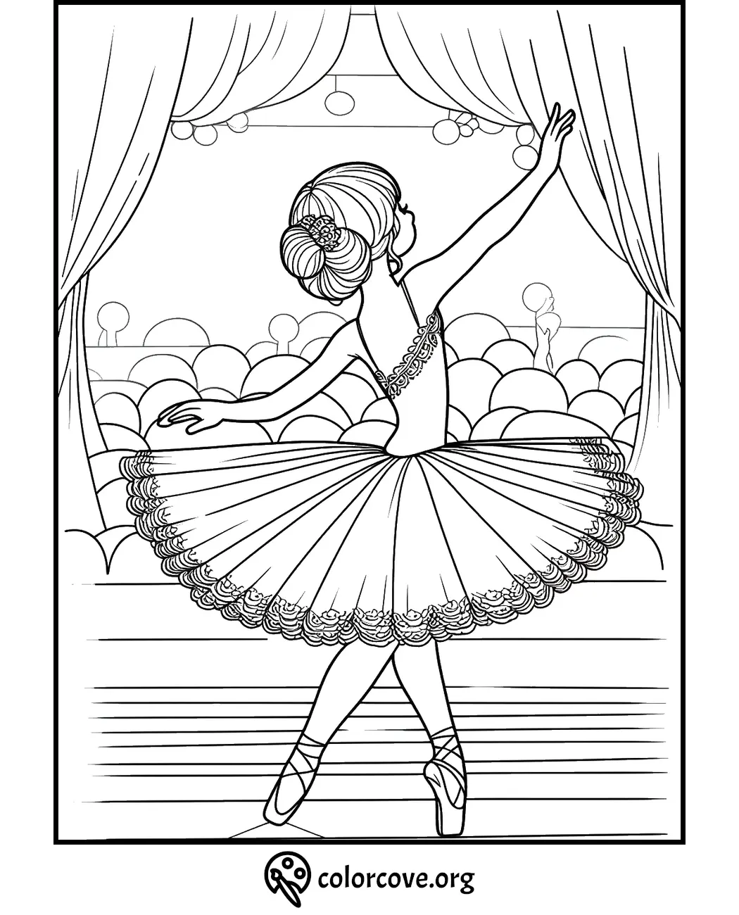 Coloring page of a graceful ballerina in a tutu dancing on stage with curtains and audience in the background.