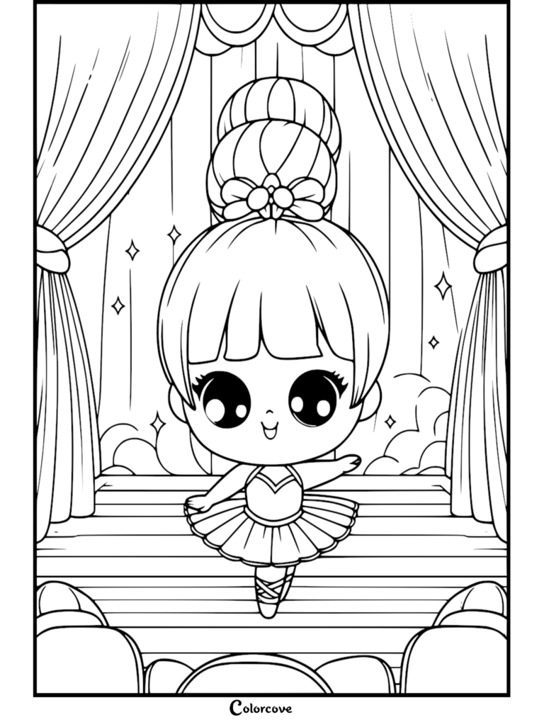 A cute chibi ballerina with a large bun performing on a stage with curtains, printable coloring page.