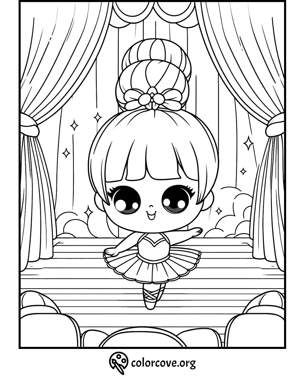 Cute ballerina on stage coloring page, perfect for kids who love dance and creativity - free printable.