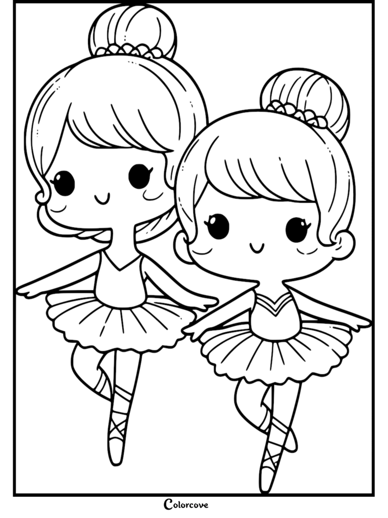 Two cute ballerinas with buns dancing in tutus, printable coloring page.