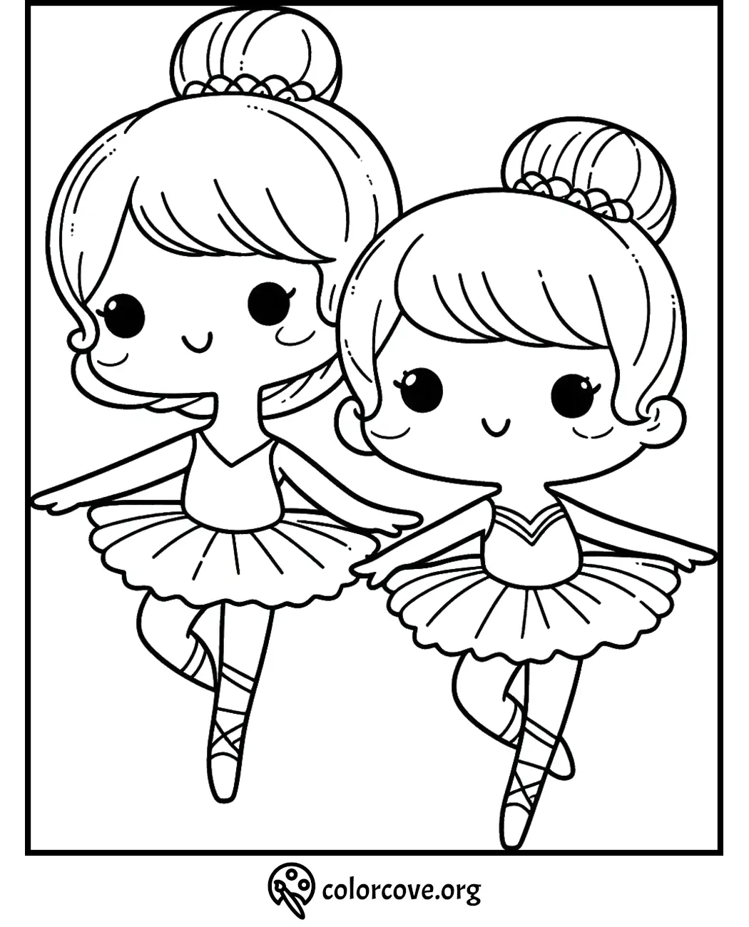 Cute ballerina coloring page: Two adorable dancers in tutus and ballet shoes, ready for kids to color and enjoy.