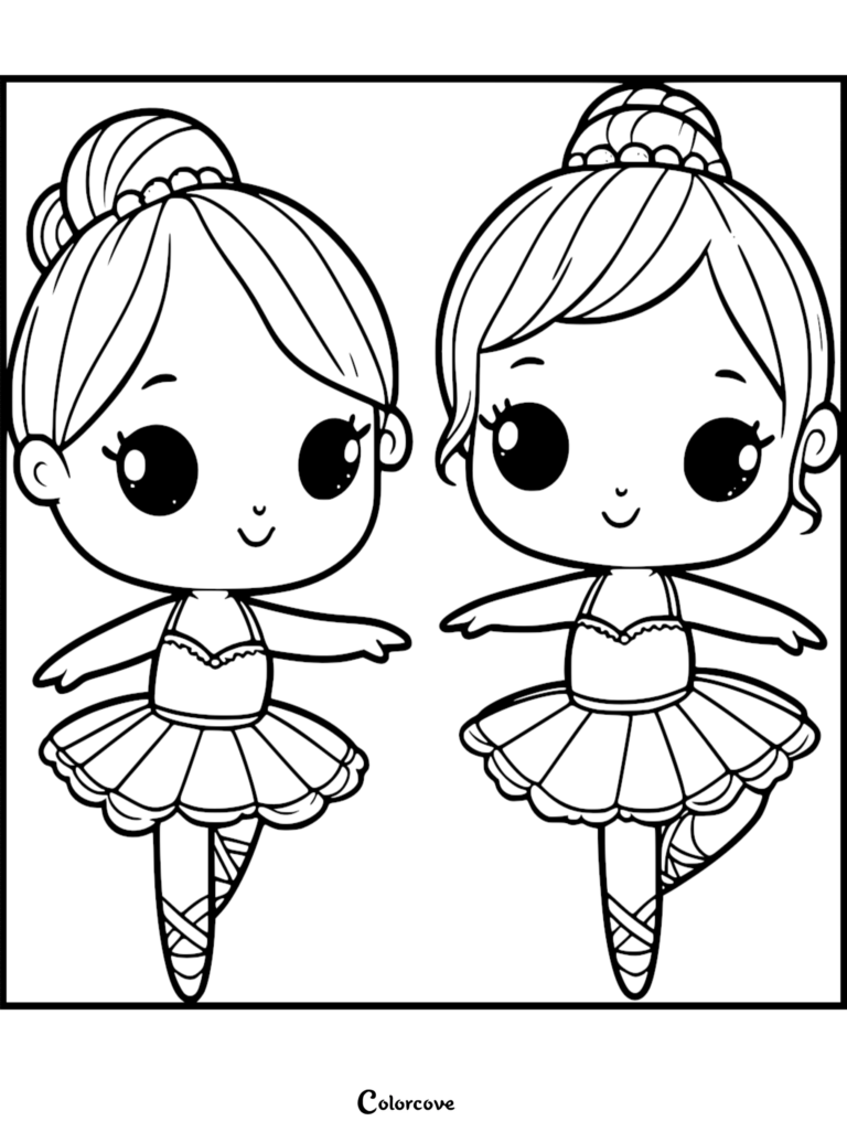 Two cute ballerinas with buns and tutus in a coloring page.
