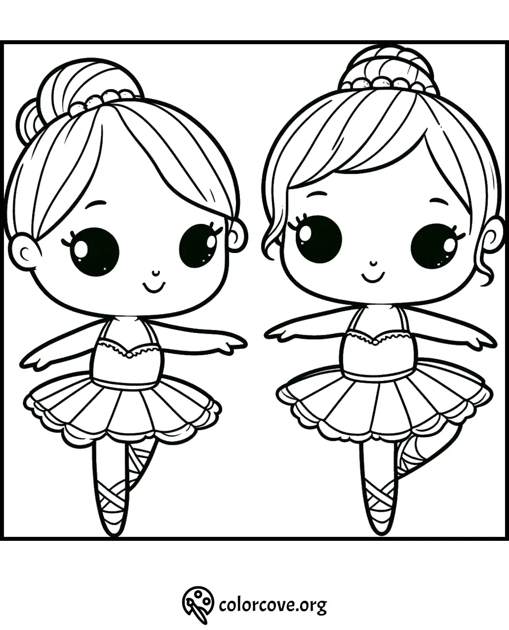 Cute ballerinas in tutu dresses performing ballet pose coloring page. Perfect for kids' art activities. Printable from colorcove.org.