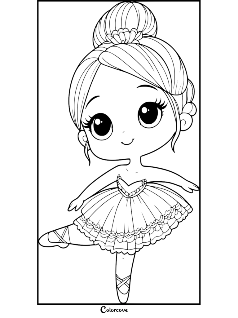 A cute ballerina with a high bun and ruffled tutu in a ballet pose on this printable coloring page.