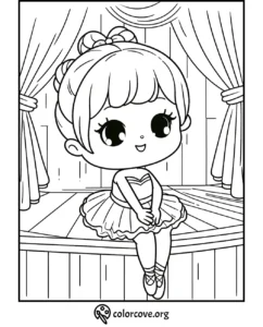 Coloring page of a cute ballerina sitting on stage, with curtains in the background. Perfect for kids' coloring fun!