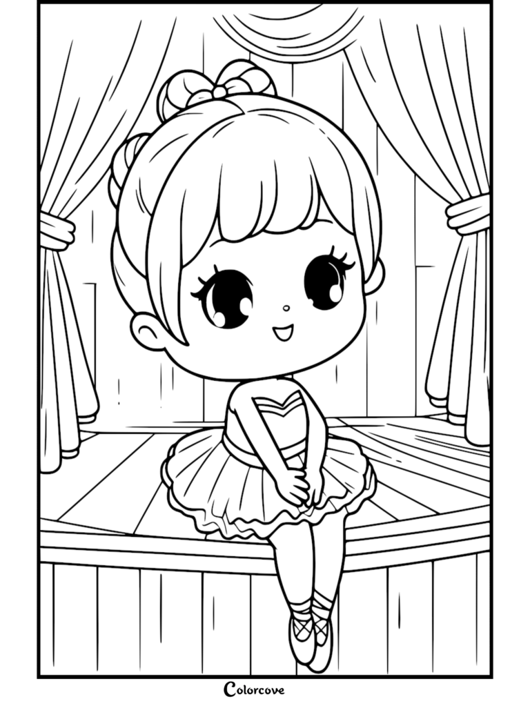 A cute ballerina with a hair bow sitting on a stage with curtains in this printable coloring page.