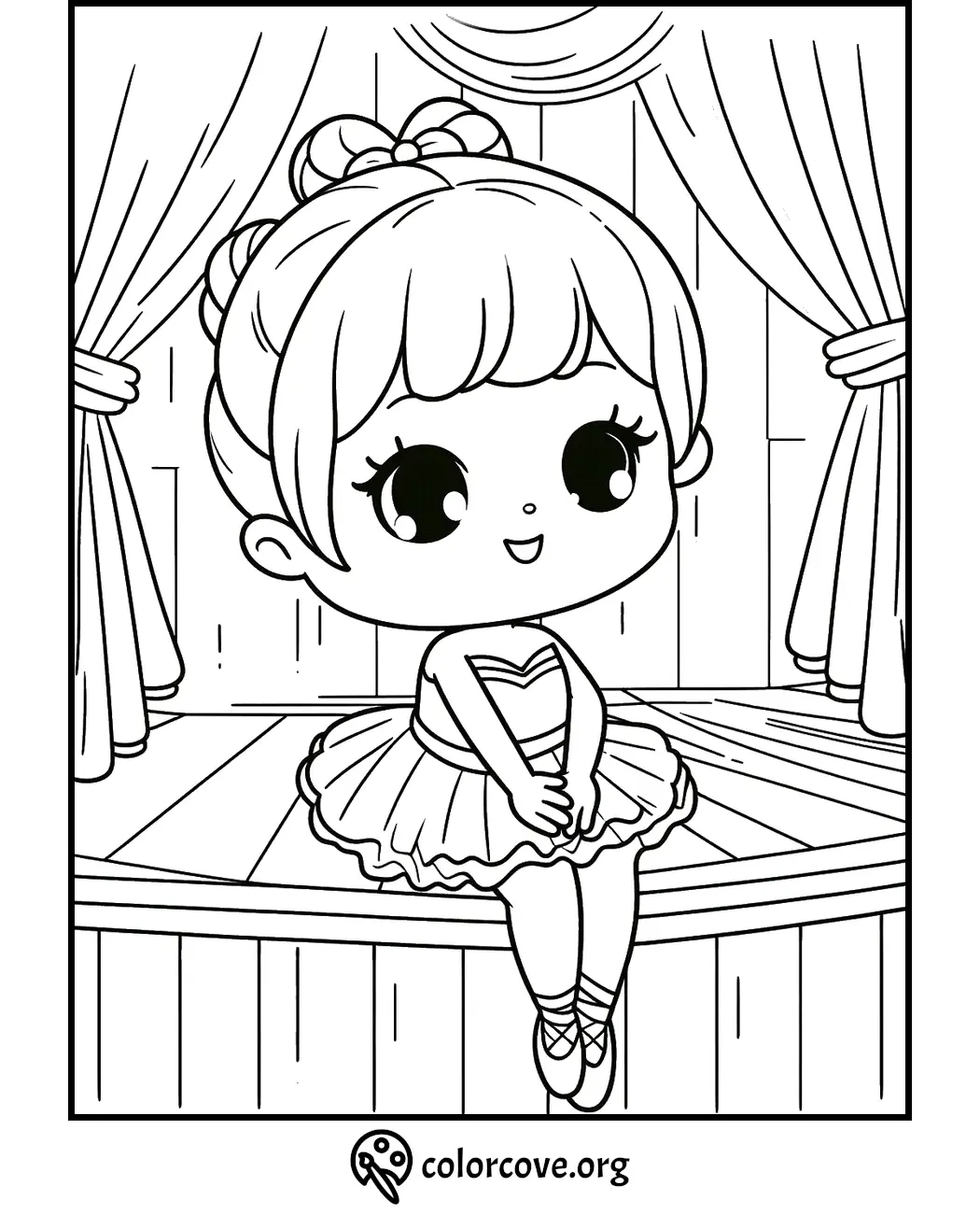 Coloring page of a cute ballerina sitting on stage, with curtains in the background. Perfect for kids' coloring fun!