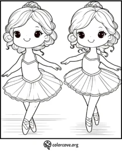 Cute ballerina coloring page with two identical girls in tutus and ballet shoes, ready to be colored at colorcove.org.