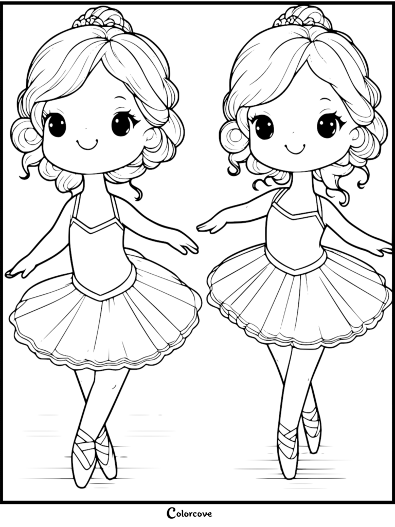 Two cute ballerinas in tutus and pointe shoes standing side by side in this free printable coloring page.