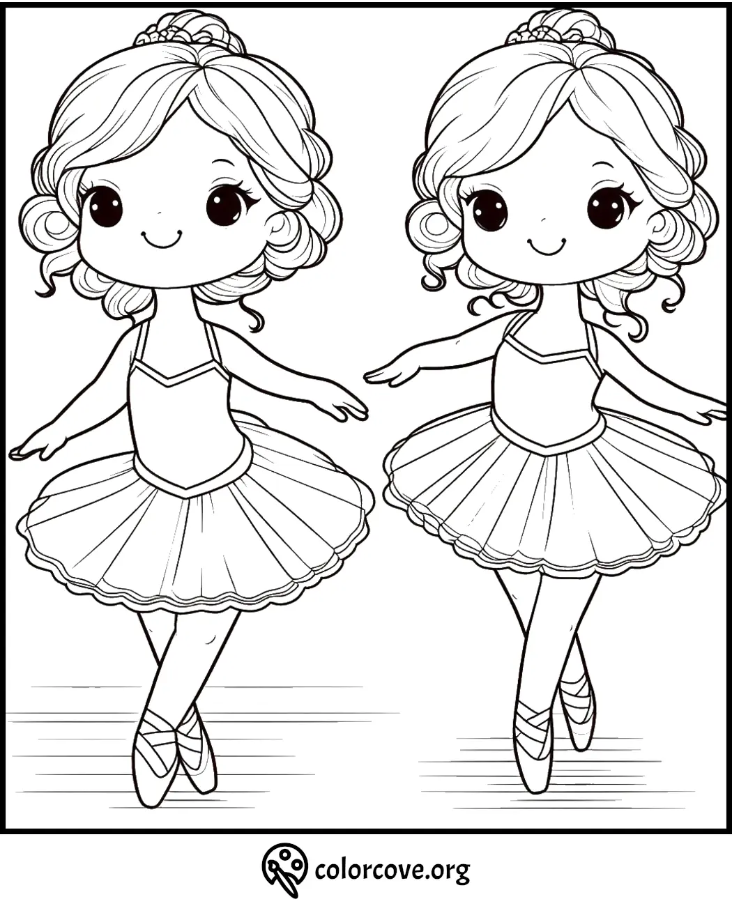 Cute ballerina coloring page with two identical girls in tutus and ballet shoes, ready to be colored at colorcove.org.