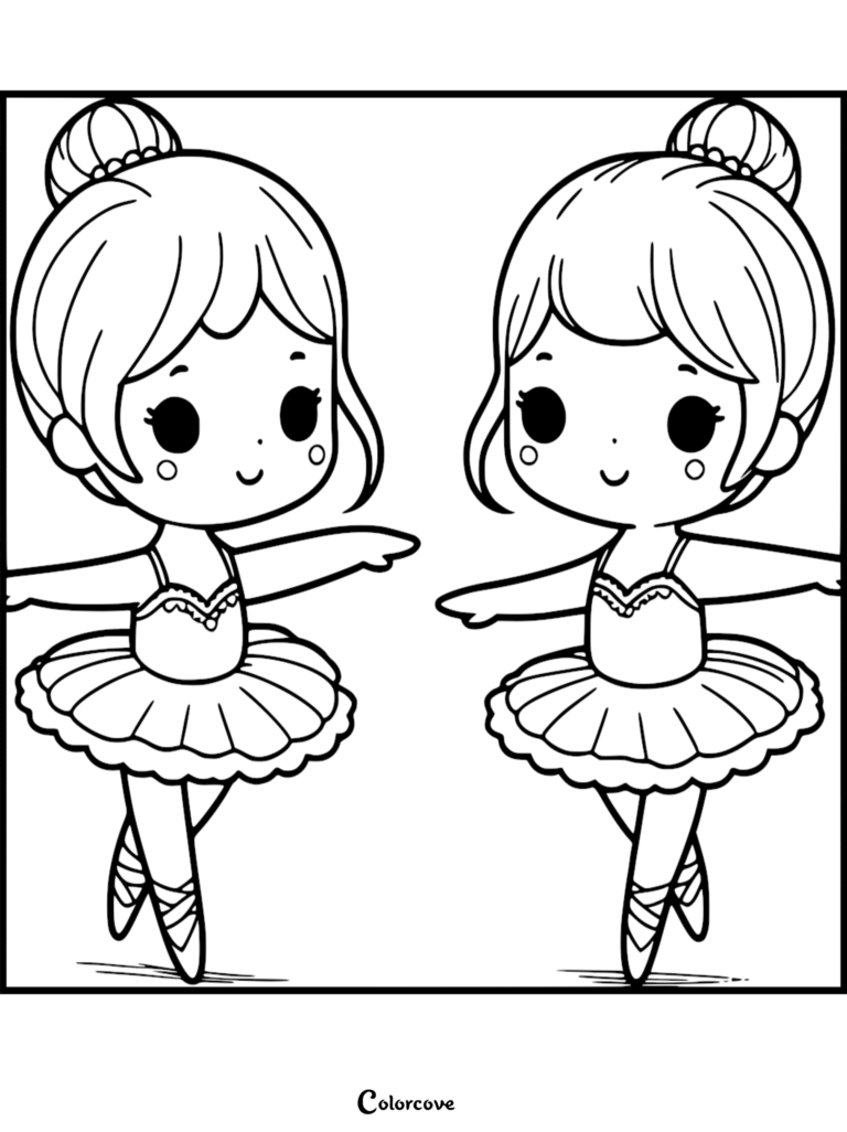 Two cute ballerinas with buns in tutus performing a dance in this printable coloring page.