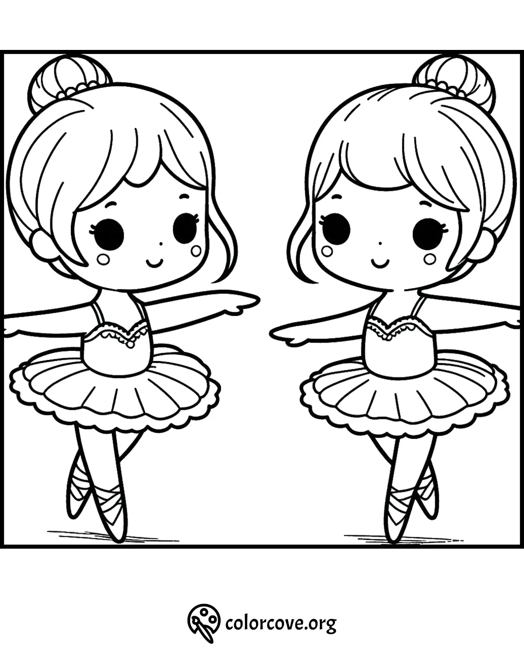 Coloring page of two cute ballerinas standing in ballet poses, wearing tutus and ballet shoes. Perfect for kids to color.