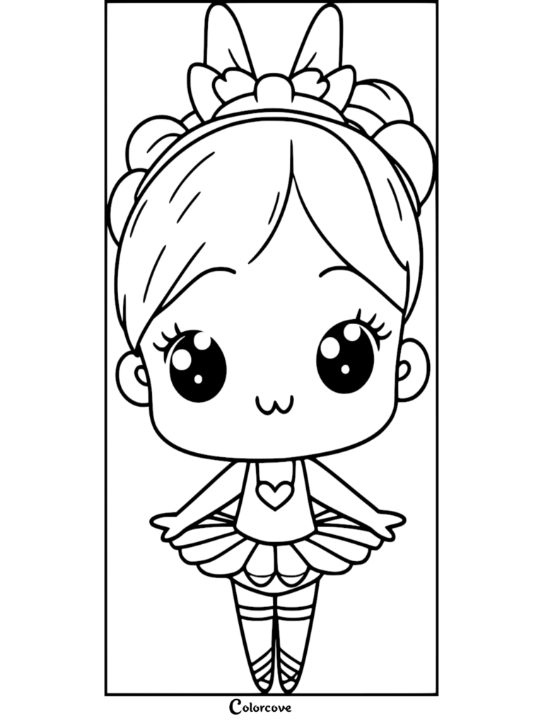 A cute ballerina with a heart-shaped bodice and large bow in her hair on a printable coloring page.