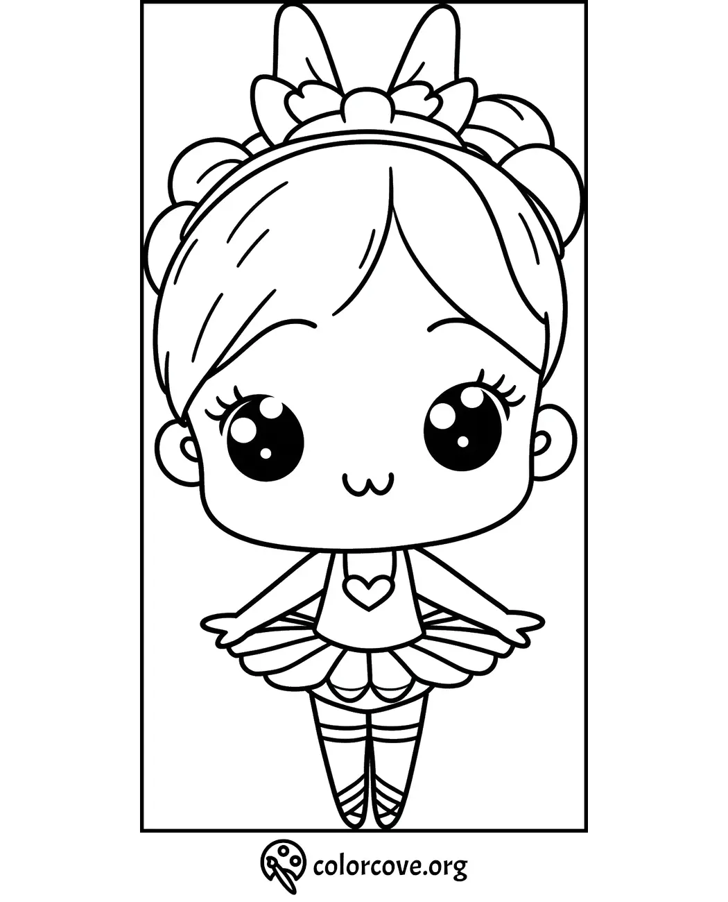 Cute ballerina coloring page for kids with big eyes and a heart on her dress. Perfect for children’s activities.