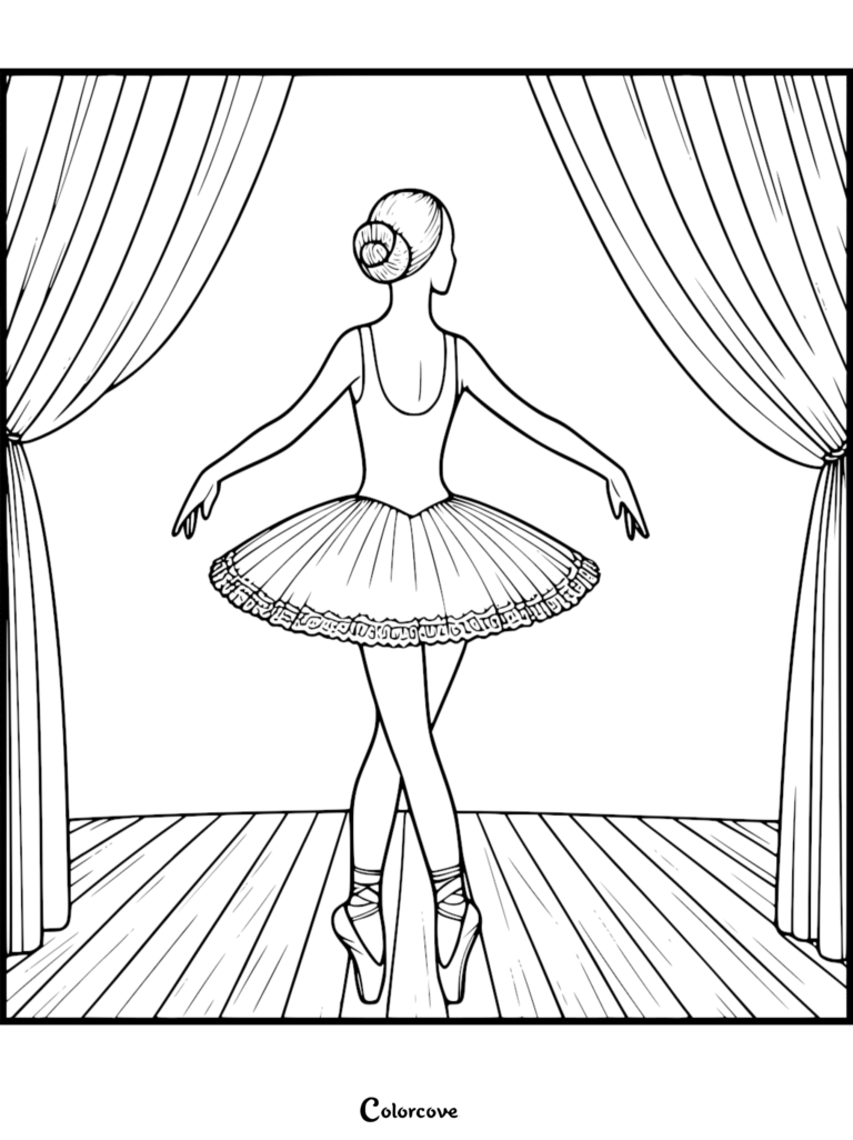 A ballerina in a tutu standing on a stage between curtains, featured in this free printable coloring page.