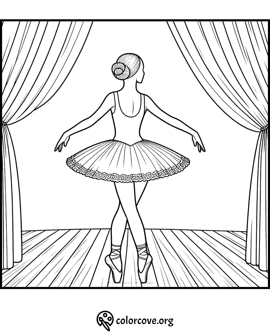 Ballerina on a stage coloring page, perfect for kids and adults to color. Download free ballet coloring pages at colorcove.org.