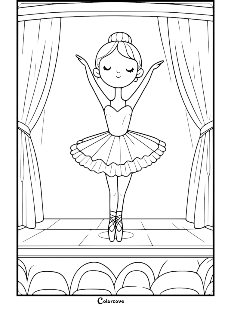 A cute ballerina performing on stage in a tutu and pointe shoes, featured in a free printable coloring page.