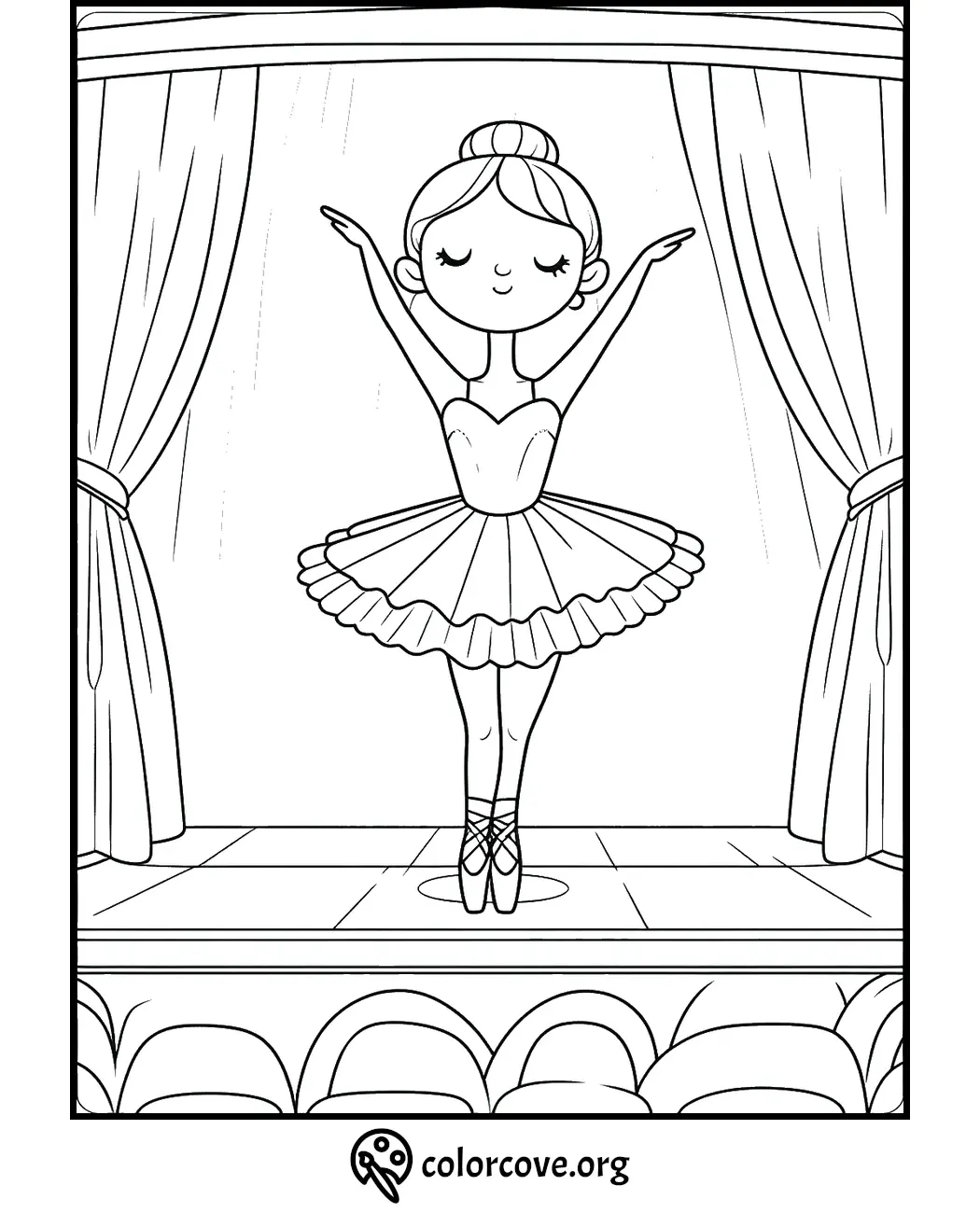 Coloring page of a ballerina on stage in a tutu, standing en pointe with arms raised and curtains drawn to the sides.