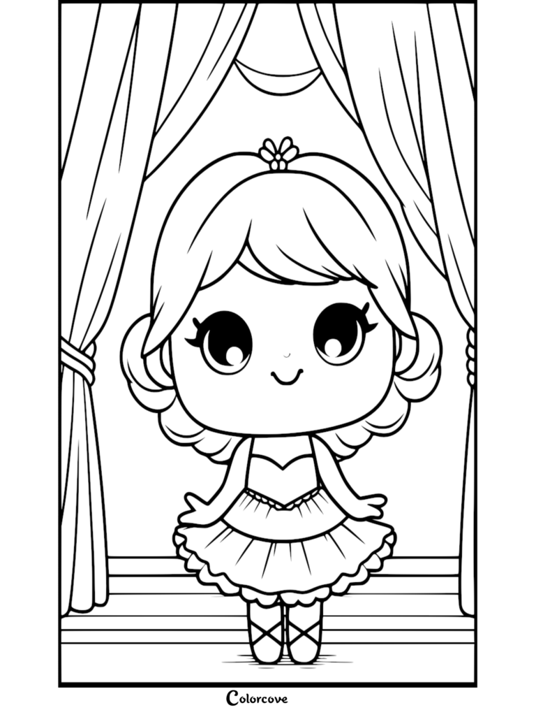 Cute ballerina standing on a stage with curtains in the background, printable coloring page for kids.