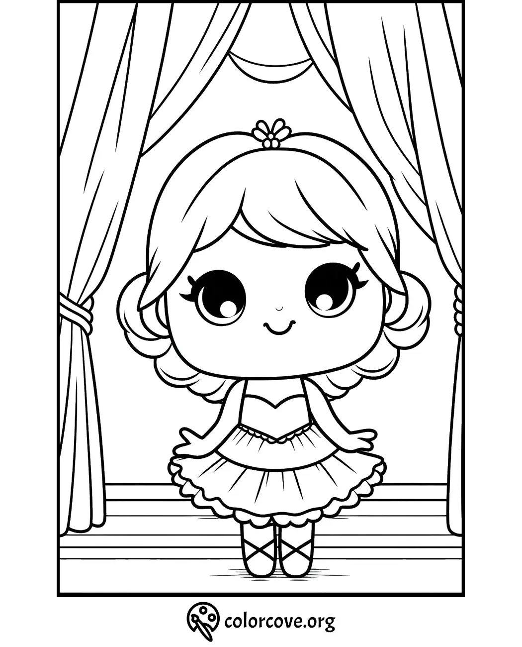 Coloring page of a cute ballerina on stage with curtains, wearing a tutu and ballet shoes. From colorcove.org.